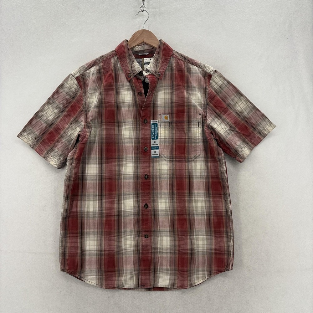 Carhartt Shirt Mens Medium Red Plaid Short Sleeve Button Down Relaxed Work NWT